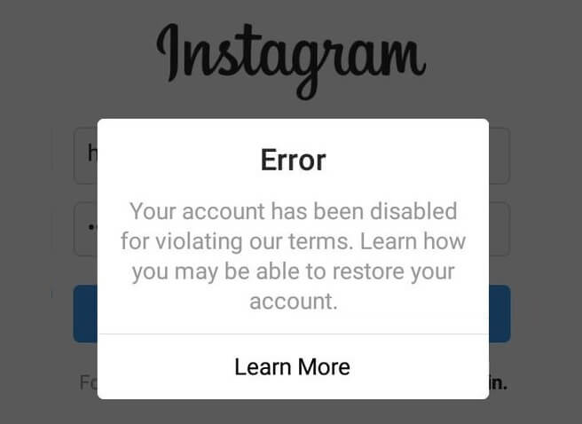 Instagram's ban notice.